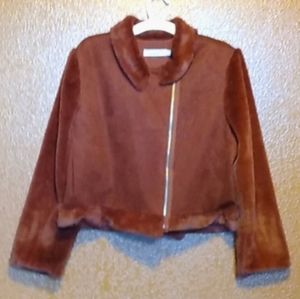 Super cute faux suede jacket with fur trim and offset zipper.